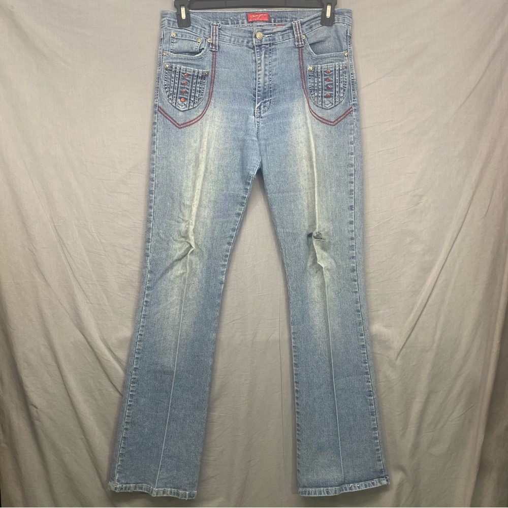 POCO Jeans Embellished Pockets Red Rhinestone & Stitching Blue junior Size | 15‎